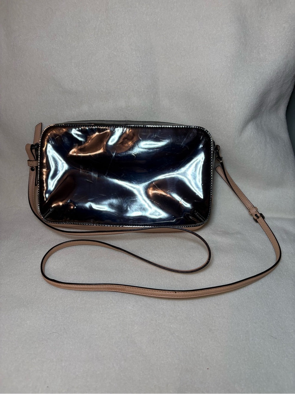 Coach Gunmetal Patent Leather Crossbody with Tan Strap